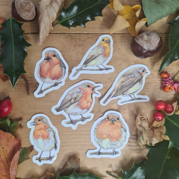 Six robin stickers on a table