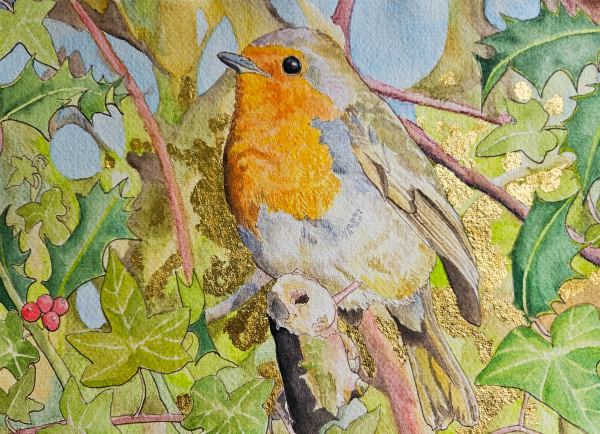 Painting of robin in holly in Derwent Inktense and gold leaf